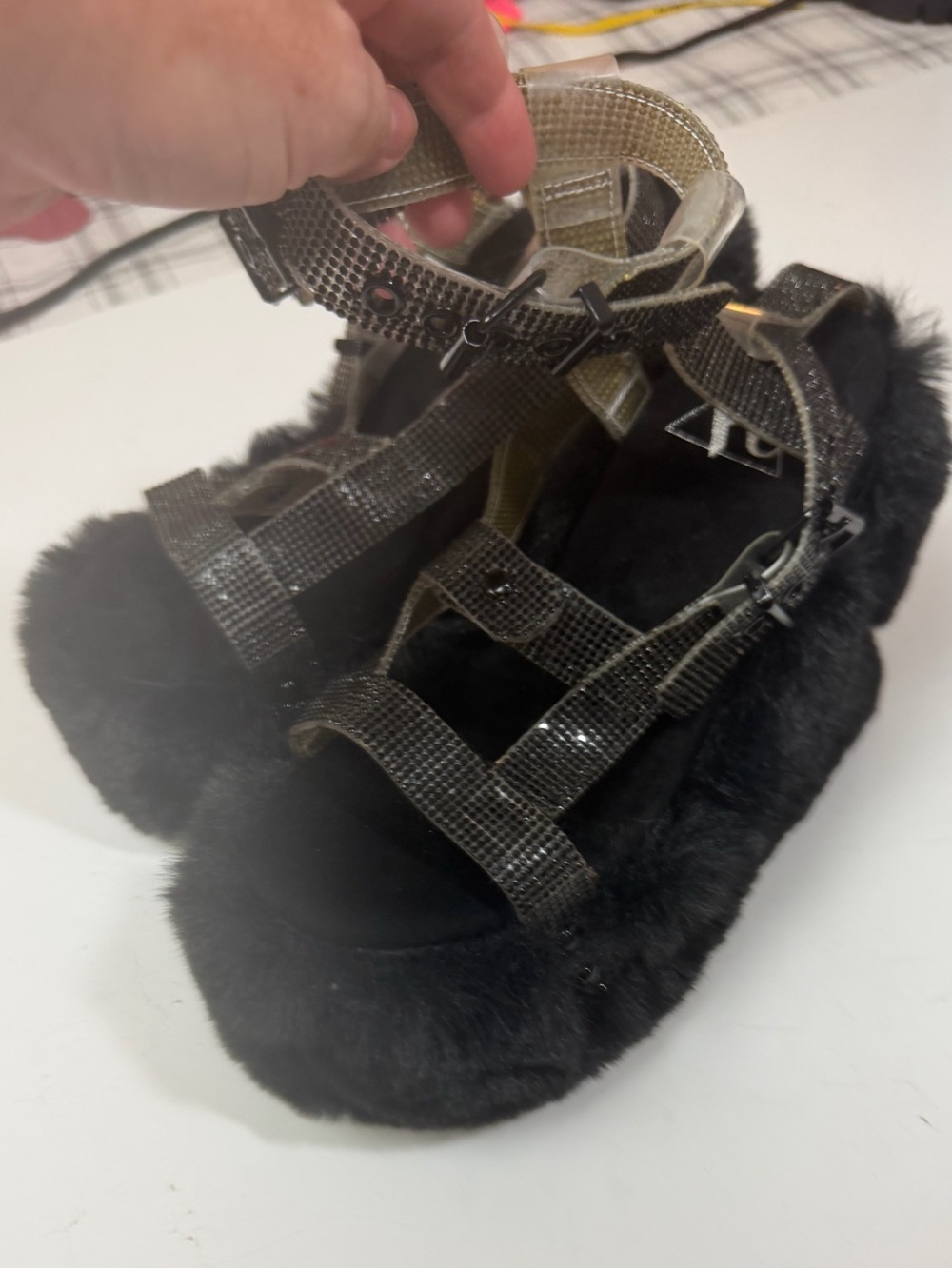 Y.R.U. X Dolls Kill Black Gravity Bling FauxFur Rhinestone Platform Sandal NWT 7